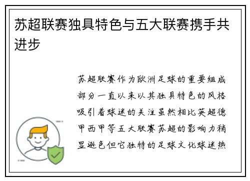 苏超联赛独具特色与五大联赛携手共进步