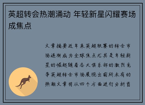 英超转会热潮涌动 年轻新星闪耀赛场成焦点